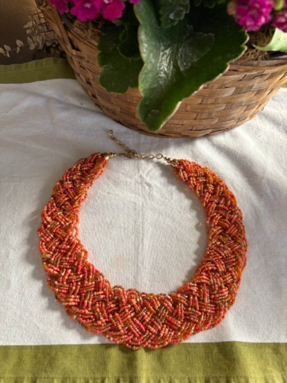 Beautiful Coral Coloured Woven Bead Necklace